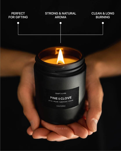 Premium Pine & Clove Candle | Black Fall Scented Candles for Home | Long Lasting with 45 Hour Burn Time, 7.6Oz | Made with Fall Soy Candles | Aromatherapy at Home | Gifts for Men
